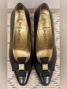 YSL Vintage 90’s Rare Retro Black Leather Rhinestone Bow Pointed Toe Pumps - 6.5